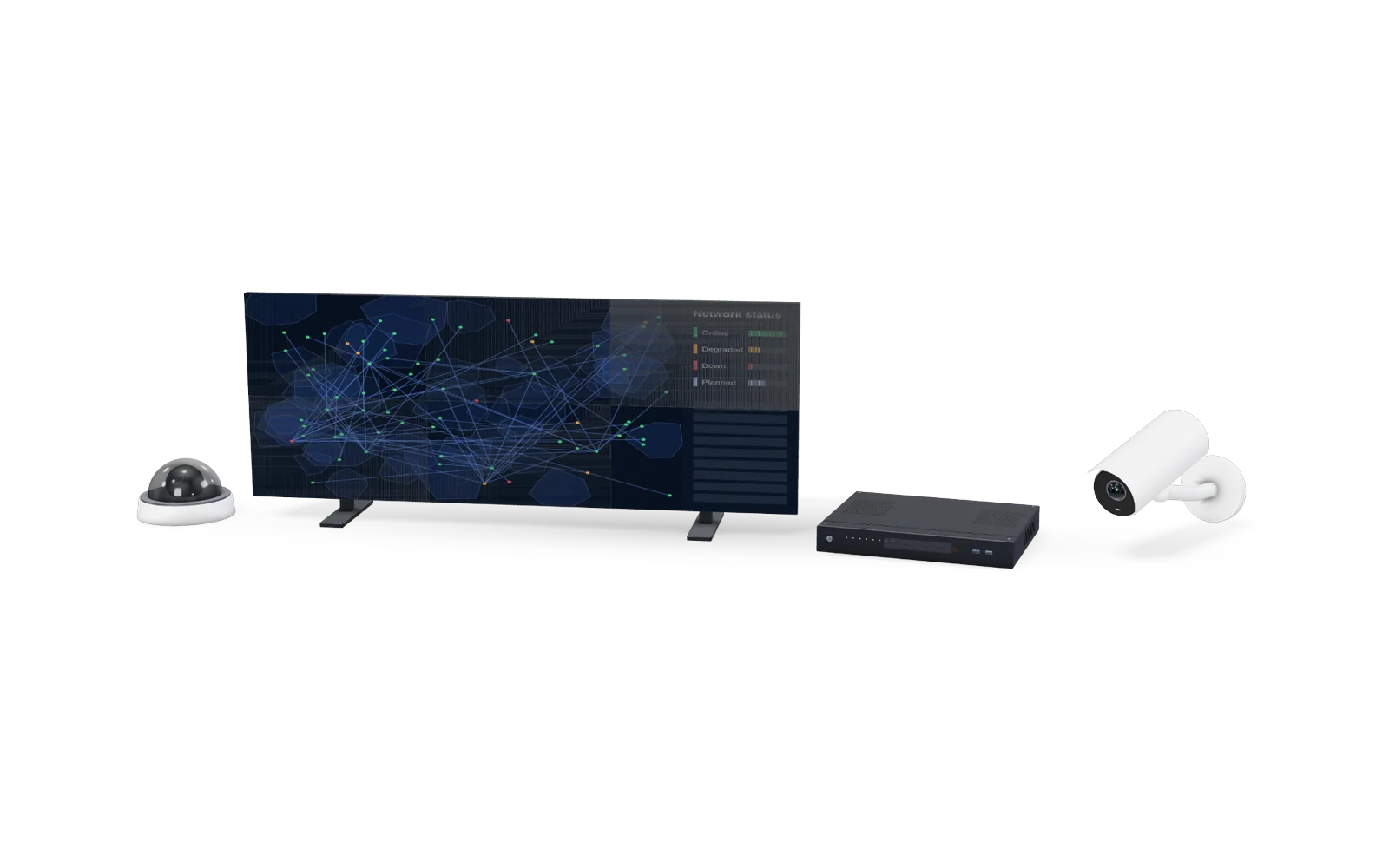 Command-centre video wall with surveillance hardware — representative render