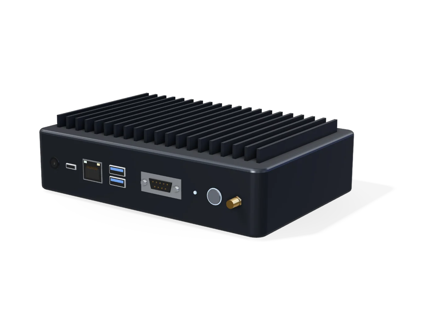 Fanless box PC — representative render